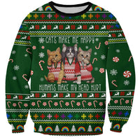 Funny Cats Make Me Happy Humans Make My Head Hurt Quote Sweatshirt with Green Christmas Pattern - Wonder Print Shop