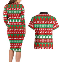 Christmas Dogs Couples Matching Long Sleeve Bodycon Dress and Hawaiian Shirt with Santa Hats and Red Green Holiday Pattern - Wonder Print Shop