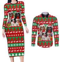 Christmas Dogs Couples Matching Long Sleeve Bodycon Dress and Long Sleeve Button Shirt with Santa Hats and Red Green Holiday Pattern - Wonder Print Shop