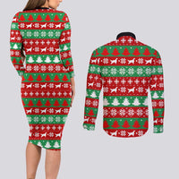 Christmas Dogs Couples Matching Long Sleeve Bodycon Dress and Long Sleeve Button Shirt with Santa Hats and Red Green Holiday Pattern - Wonder Print Shop