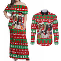 Christmas Dogs Couples Matching Off Shoulder Maxi Dress and Long Sleeve Button Shirt with Santa Hats and Red Green Holiday Pattern - Wonder Print Shop