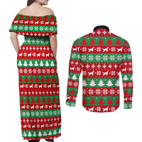 Christmas Dogs Couples Matching Off Shoulder Maxi Dress and Long Sleeve Button Shirt with Santa Hats and Red Green Holiday Pattern - Wonder Print Shop