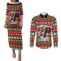 Christmas Dogs Couples Matching Puletasi and Long Sleeve Button Shirt with Santa Hats and Red Green Holiday Pattern - Wonder Print Shop