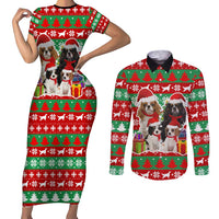 Christmas Dogs Couples Matching Short Sleeve Bodycon Dress and Long Sleeve Button Shirt with Santa Hats and Red Green Holiday Pattern - Wonder Print Shop