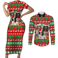 Christmas Dogs Couples Matching Short Sleeve Bodycon Dress and Long Sleeve Button Shirt with Santa Hats and Red Green Holiday Pattern - Wonder Print Shop