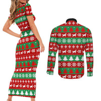 Christmas Dogs Couples Matching Short Sleeve Bodycon Dress and Long Sleeve Button Shirt with Santa Hats and Red Green Holiday Pattern - Wonder Print Shop