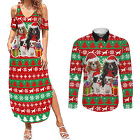 Christmas Dogs Couples Matching Summer Maxi Dress and Long Sleeve Button Shirt with Santa Hats and Red Green Holiday Pattern - Wonder Print Shop