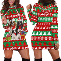 Christmas Dogs Hoodie Dress with Santa Hats and Red Green Holiday Pattern - Wonder Print Shop