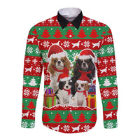 Christmas Dogs Long Sleeve Button Shirt with Santa Hats and Red Green Holiday Pattern - Wonder Print Shop