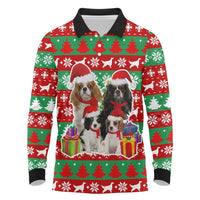 Christmas Dogs Long Sleeve Polo Shirt with Santa Hats and Red Green Holiday Pattern - Wonder Print Shop