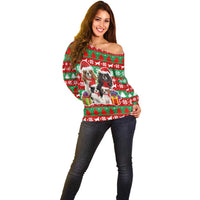 Christmas Dogs Off Shoulder Sweater with Santa Hats and Red Green Holiday Pattern - Wonder Print Shop