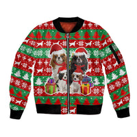 Christmas Dogs Sleeve Zip Bomber Jacket with Santa Hats and Red Green Holiday Pattern - Wonder Print Shop