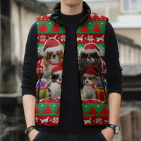 Christmas Dogs Sleeveless Puffer Jacket with Santa Hats and Red Green Holiday Pattern - undefined