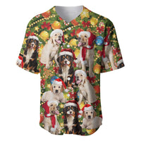 Christmas Dogs Baseball Jersey with Santa Hats and Festive Ornament Pattern - Wonder Print Shop