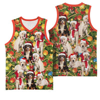 Christmas Dogs Basketball Jersey with Santa Hats and Festive Ornament Pattern - Wonder Print Shop