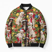 Christmas Dogs Bomber Puffer Jacket with Santa Hats and Festive Ornament Pattern - Wonder Print Shop