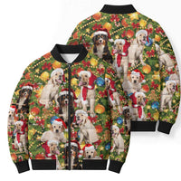 Christmas Dogs Bomber Puffer Jacket with Santa Hats and Festive Ornament Pattern - Wonder Print Shop
