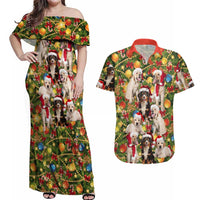 Christmas Dogs Couples Matching Off Shoulder Maxi Dress and Hawaiian Shirt with Santa Hats and Festive Ornament Pattern - Wonder Print Shop
