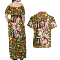 Christmas Dogs Couples Matching Off Shoulder Maxi Dress and Hawaiian Shirt with Santa Hats and Festive Ornament Pattern - Wonder Print Shop