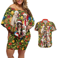 Christmas Dogs Couples Matching Off Shoulder Short Dress and Hawaiian Shirt with Santa Hats and Festive Ornament Pattern - Wonder Print Shop