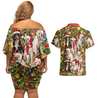 Christmas Dogs Couples Matching Off Shoulder Short Dress and Hawaiian Shirt with Santa Hats and Festive Ornament Pattern - Wonder Print Shop