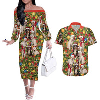 Christmas Dogs Couples Matching Off The Shoulder Long Sleeve Dress and Hawaiian Shirt with Santa Hats and Festive Ornament Pattern - Wonder Print Shop
