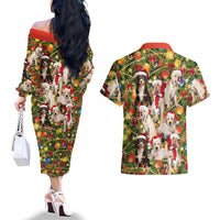 Christmas Dogs Couples Matching Off The Shoulder Long Sleeve Dress and Hawaiian Shirt with Santa Hats and Festive Ornament Pattern - Wonder Print Shop