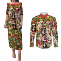 Christmas Dogs Couples Matching Puletasi and Long Sleeve Button Shirt with Santa Hats and Festive Ornament Pattern - Wonder Print Shop