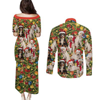 Christmas Dogs Couples Matching Puletasi and Long Sleeve Button Shirt with Santa Hats and Festive Ornament Pattern - Wonder Print Shop