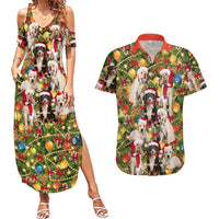 Christmas Dogs Couples Matching Summer Maxi Dress and Hawaiian Shirt with Santa Hats and Festive Ornament Pattern - Wonder Print Shop