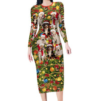 Christmas Dogs Family Matching Long Sleeve Bodycon Dress and Hawaiian Shirt with Santa Hats and Festive Ornament Pattern - Wonder Print Shop