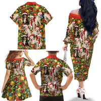 Christmas Dogs Family Matching Off The Shoulder Long Sleeve Dress and Hawaiian Shirt with Santa Hats and Festive Ornament Pattern - Wonder Print Shop