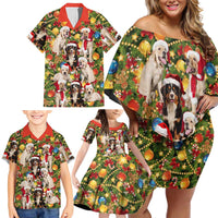 Christmas Dogs Family Matching Off Shoulder Short Dress and Hawaiian Shirt with Santa Hats and Festive Ornament Pattern - Wonder Print Shop