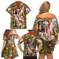 Christmas Dogs Family Matching Off Shoulder Short Dress and Hawaiian Shirt with Santa Hats and Festive Ornament Pattern - Wonder Print Shop