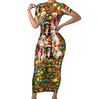 Christmas Dogs Family Matching Short Sleeve Bodycon Dress and Hawaiian Shirt with Santa Hats and Festive Ornament Pattern - Wonder Print Shop