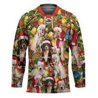 Christmas Dogs Hockey Jersey with Santa Hats and Festive Ornament Pattern - Wonder Print Shop