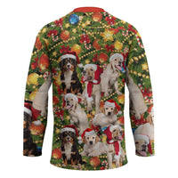 Christmas Dogs Hockey Jersey with Santa Hats and Festive Ornament Pattern - Wonder Print Shop