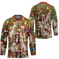 Christmas Dogs Hockey Jersey with Santa Hats and Festive Ornament Pattern - Wonder Print Shop