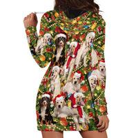 Christmas Dogs Hoodie Dress with Santa Hats and Festive Ornament Pattern - Wonder Print Shop