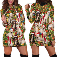 Christmas Dogs Hoodie Dress with Santa Hats and Festive Ornament Pattern - Wonder Print Shop
