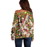 Christmas Dogs Off Shoulder Sweater with Santa Hats and Festive Ornament Pattern - Wonder Print Shop