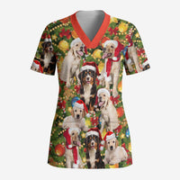 Christmas Dogs Scrub Top with Santa Hats and Festive Ornament Pattern - Wonder Print Shop