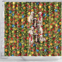 Christmas Dogs Shower Curtain with Santa Hats and Festive Ornament Pattern - Wonder Print Shop