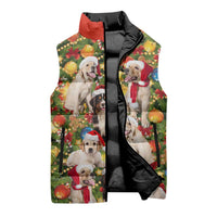 Christmas Dogs Sleeveless Puffer Jacket with Santa Hats and Festive Ornament Pattern - Wonder Print Shop