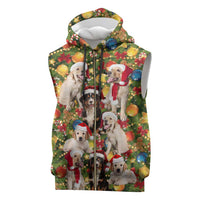 Christmas Dogs Sleeveless Zip Hoodie with Santa Hats and Festive Ornament Pattern - Wonder Print Shop