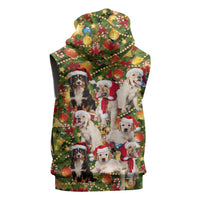 Christmas Dogs Sleeveless Zip Hoodie with Santa Hats and Festive Ornament Pattern - Wonder Print Shop