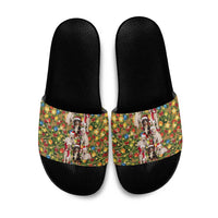 Christmas Dogs Slide Sandals with Santa Hats and Festive Ornament Pattern - Wonder Print Shop