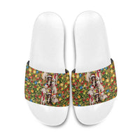 Christmas Dogs Slide Sandals with Santa Hats and Festive Ornament Pattern - Wonder Print Shop