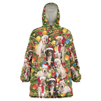 Christmas Dogs Wearable Blanket Hoodie with Santa Hats and Festive Ornament Pattern - Wonder Print Shop
