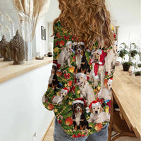 Christmas Dogs Women Casual Shirt with Santa Hats and Festive Ornament Pattern - Wonder Print Shop